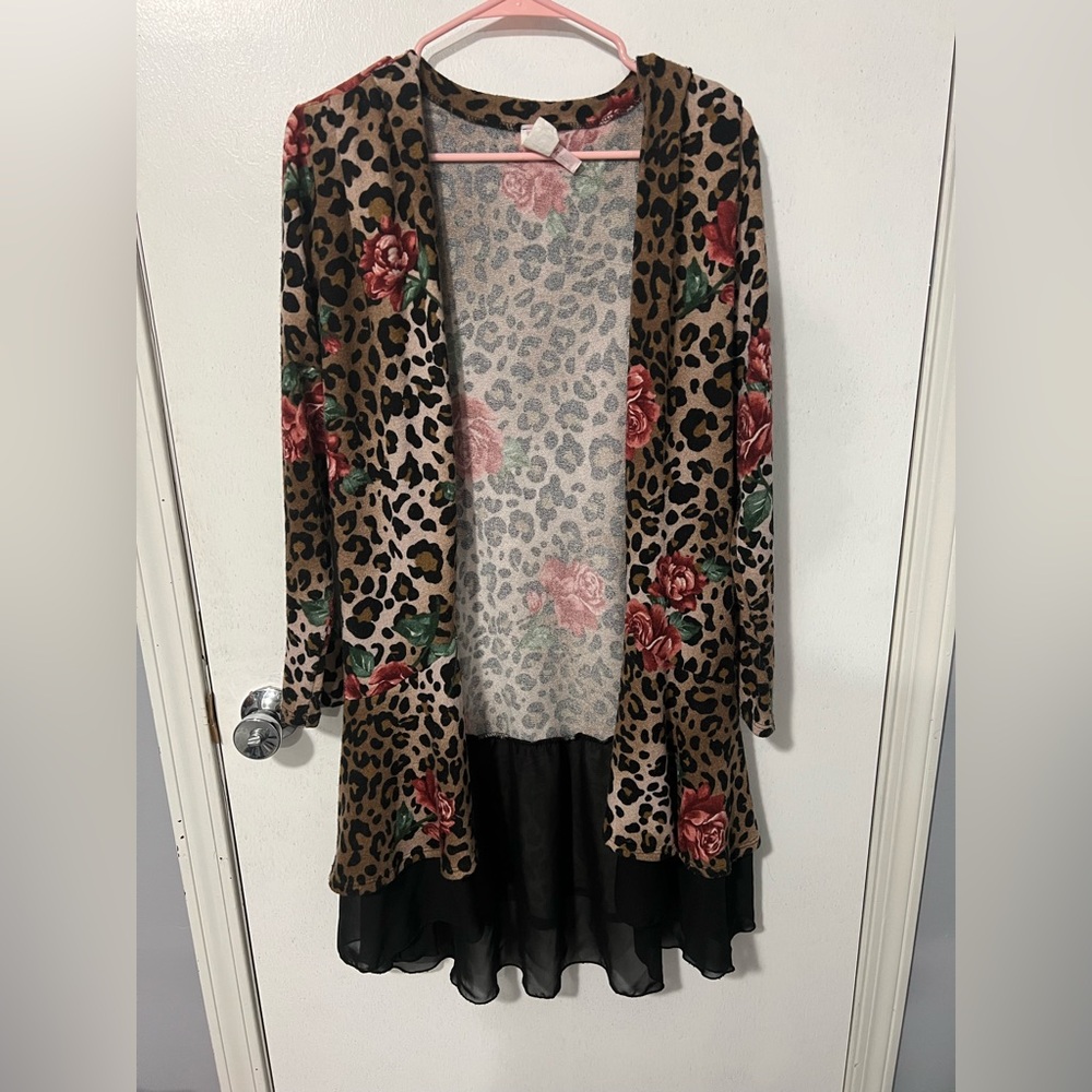 Leopard Print Floral Cardigan with Black Trim